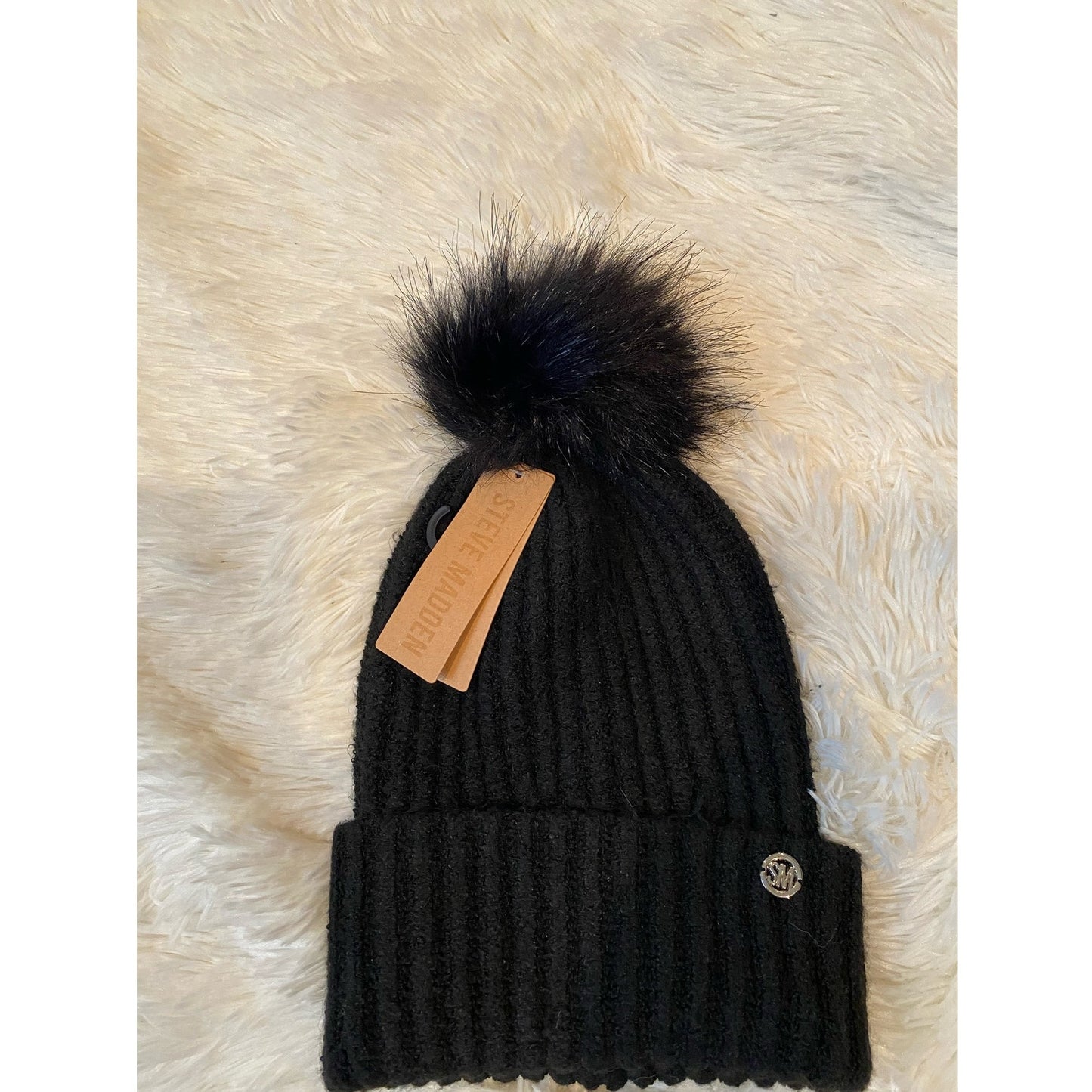 Steve Madden Heathered Rib Knit Black Beanie Hat with Puff - Sz. OS (NWT)