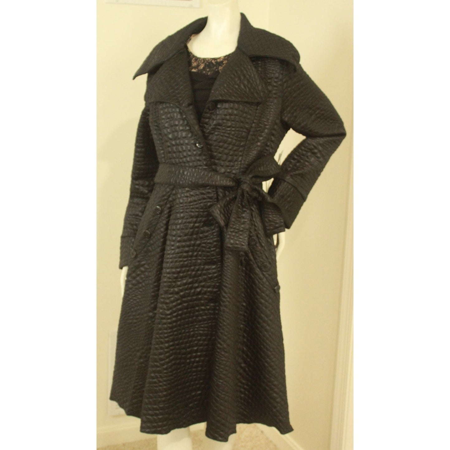 Samuel Dong Black Knit Alligator Pattern Jacquard A-line Coat - Size L - Boutique