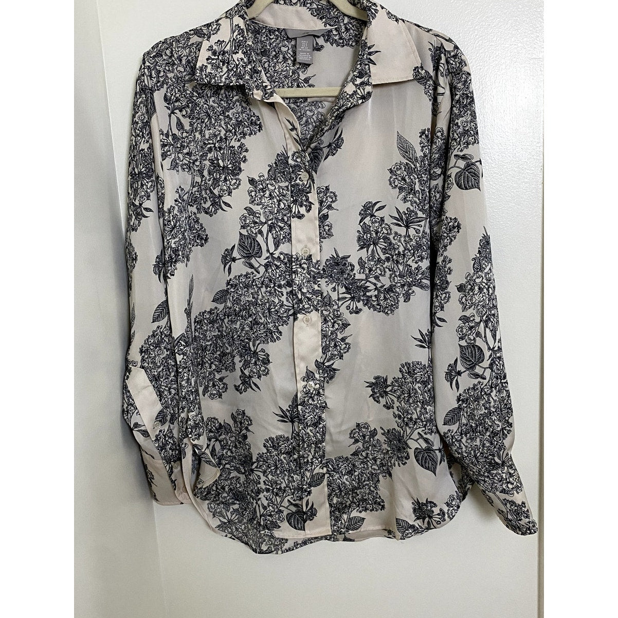 H&M Cream/Black Floral Long Sleeve Blouse - Sz. Small (EUC)
