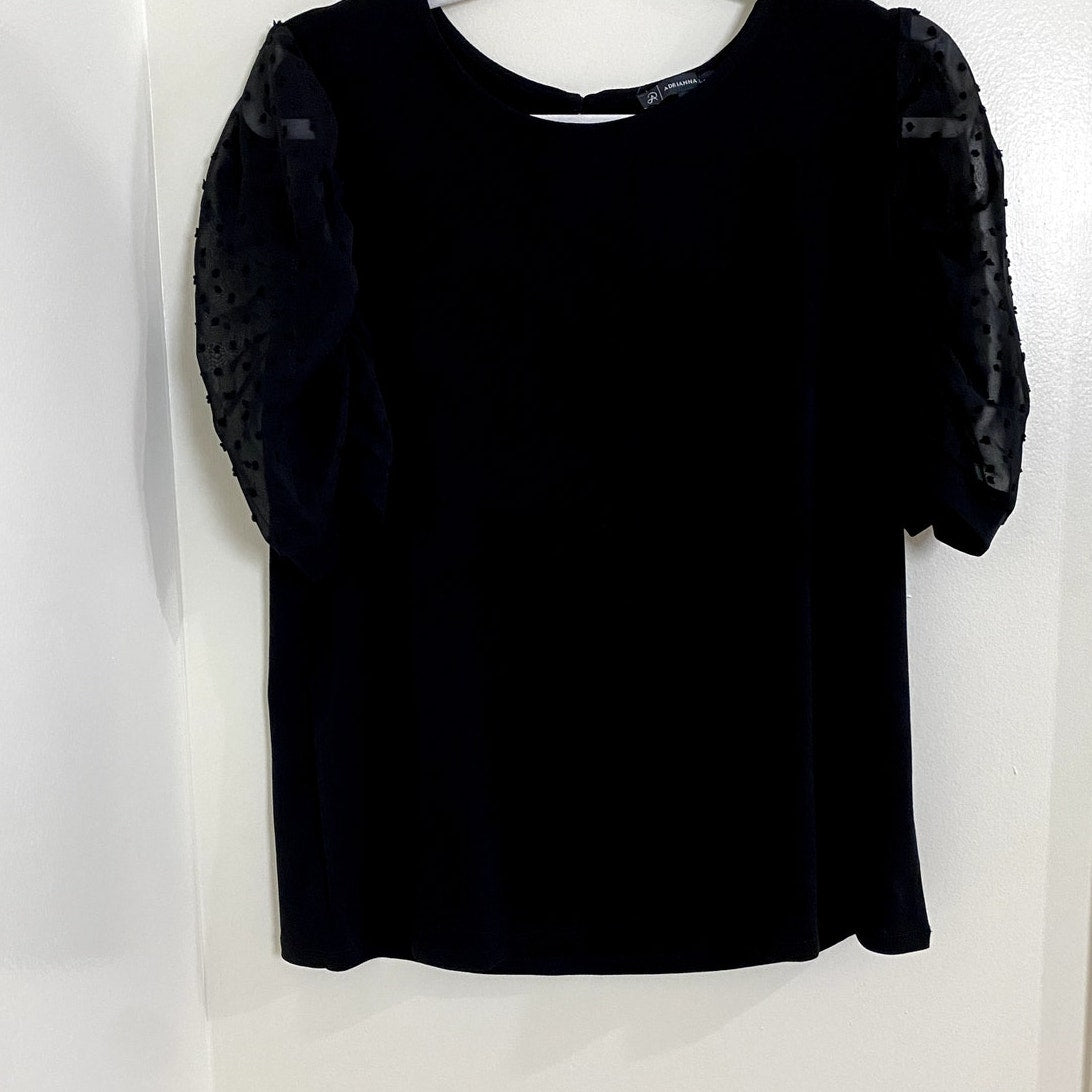 Adrianna Papell Black Sheer Swiss Dots Sort Sleeve Top - Sz. M (NWT)