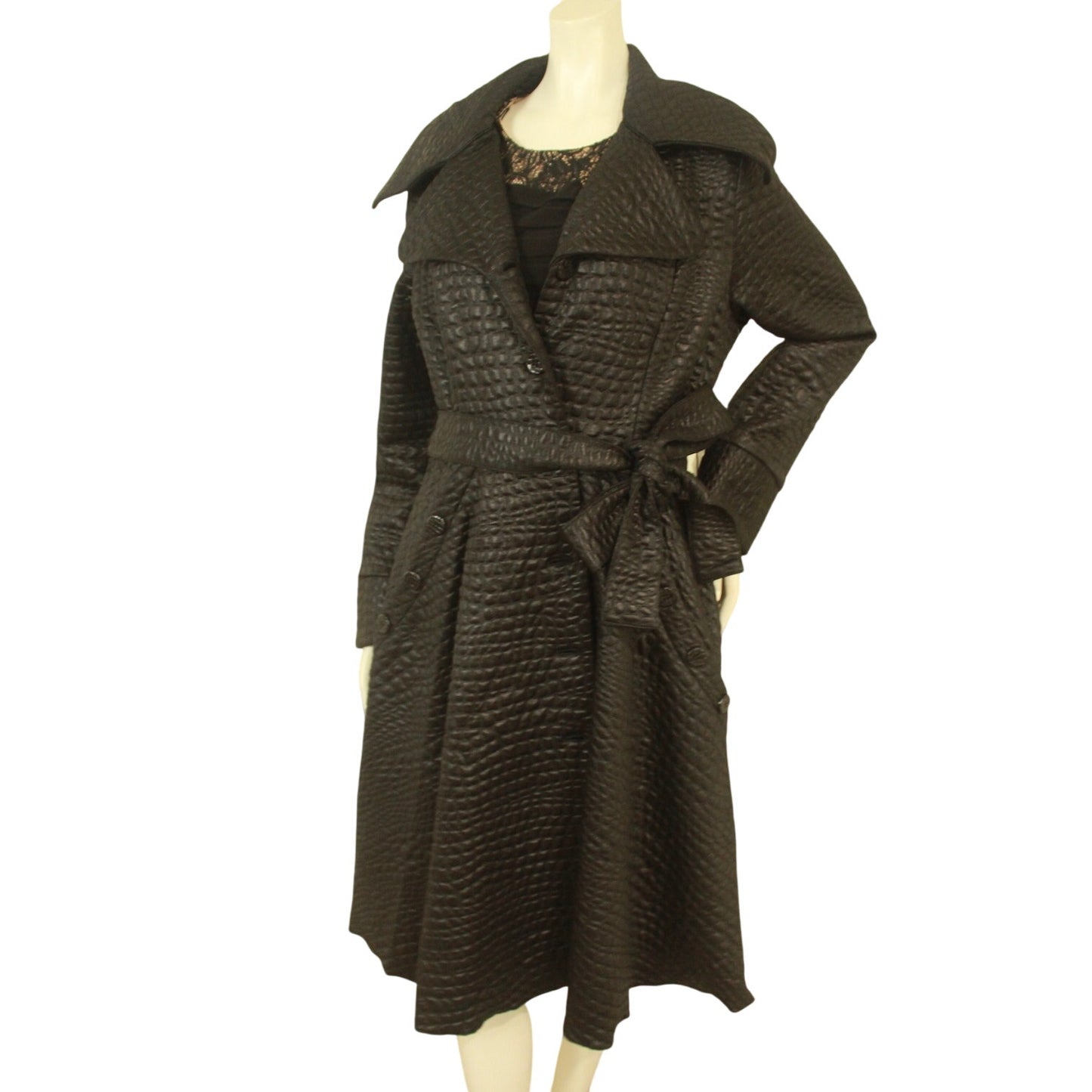 Samuel Dong Black Knit Alligator Pattern Jacquard A-line Coat - Size L - Boutique