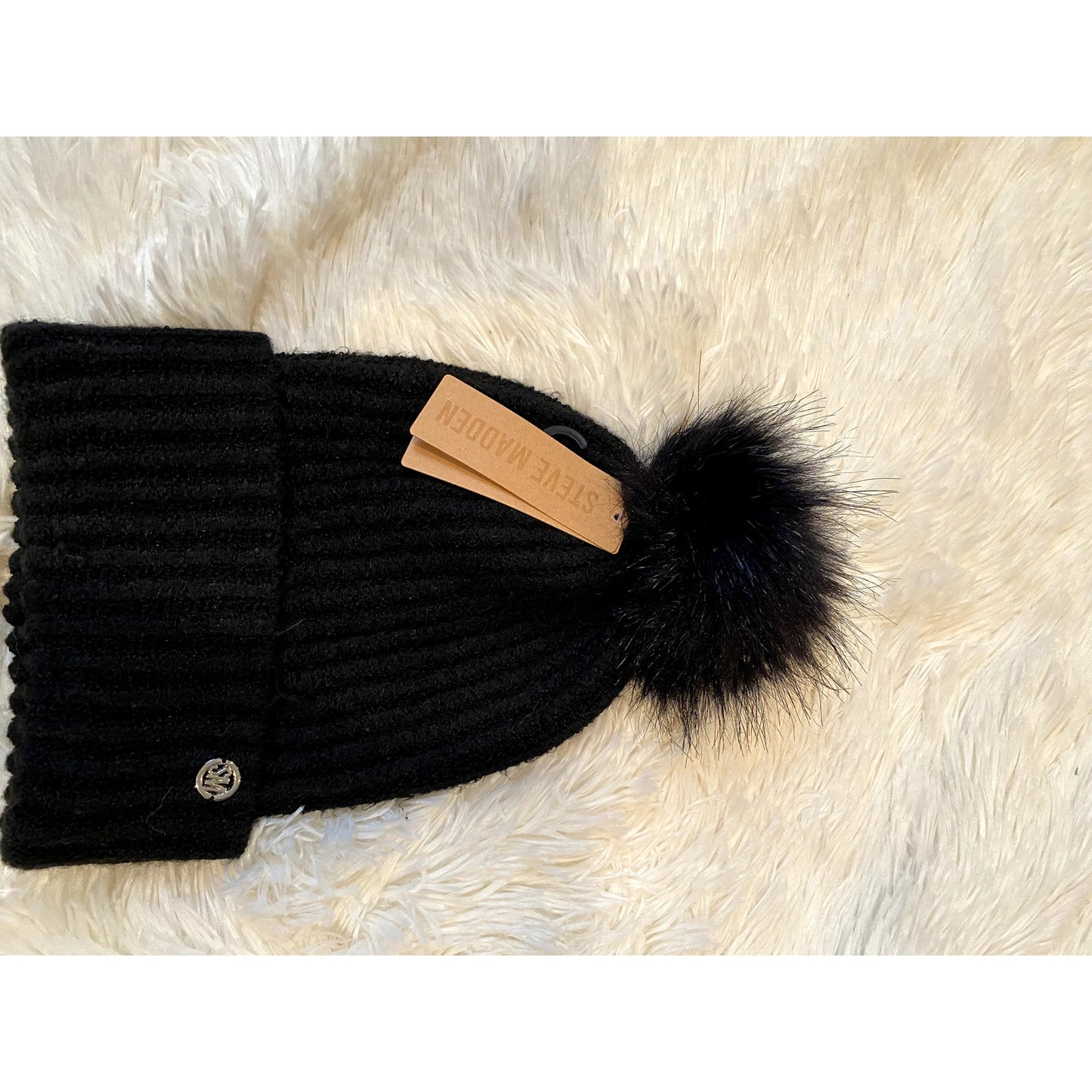 Steve Madden Heathered Rib Knit Black Beanie Hat with Puff - Sz. OS (NWT)