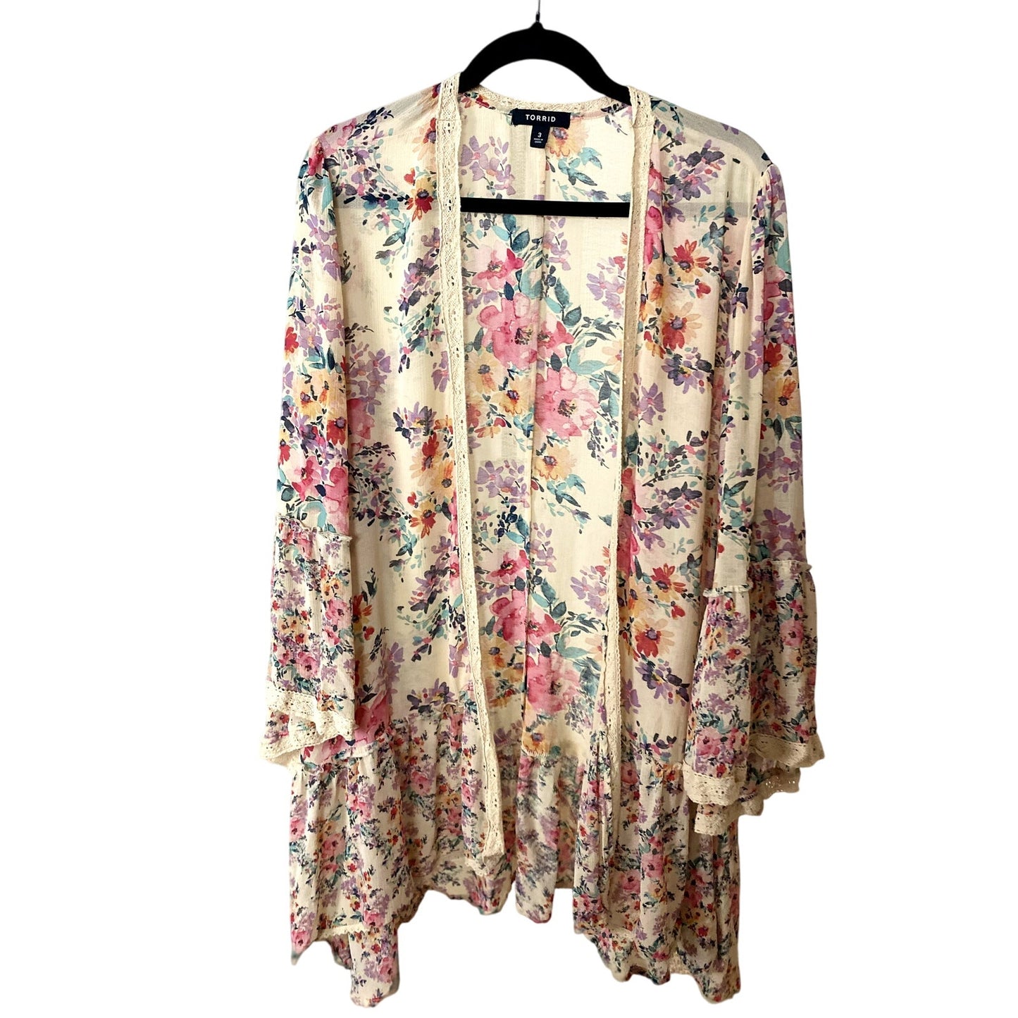 Torrid Tan Ruffle Chiffon Floral Kimono - Size 3(X) (EUC)