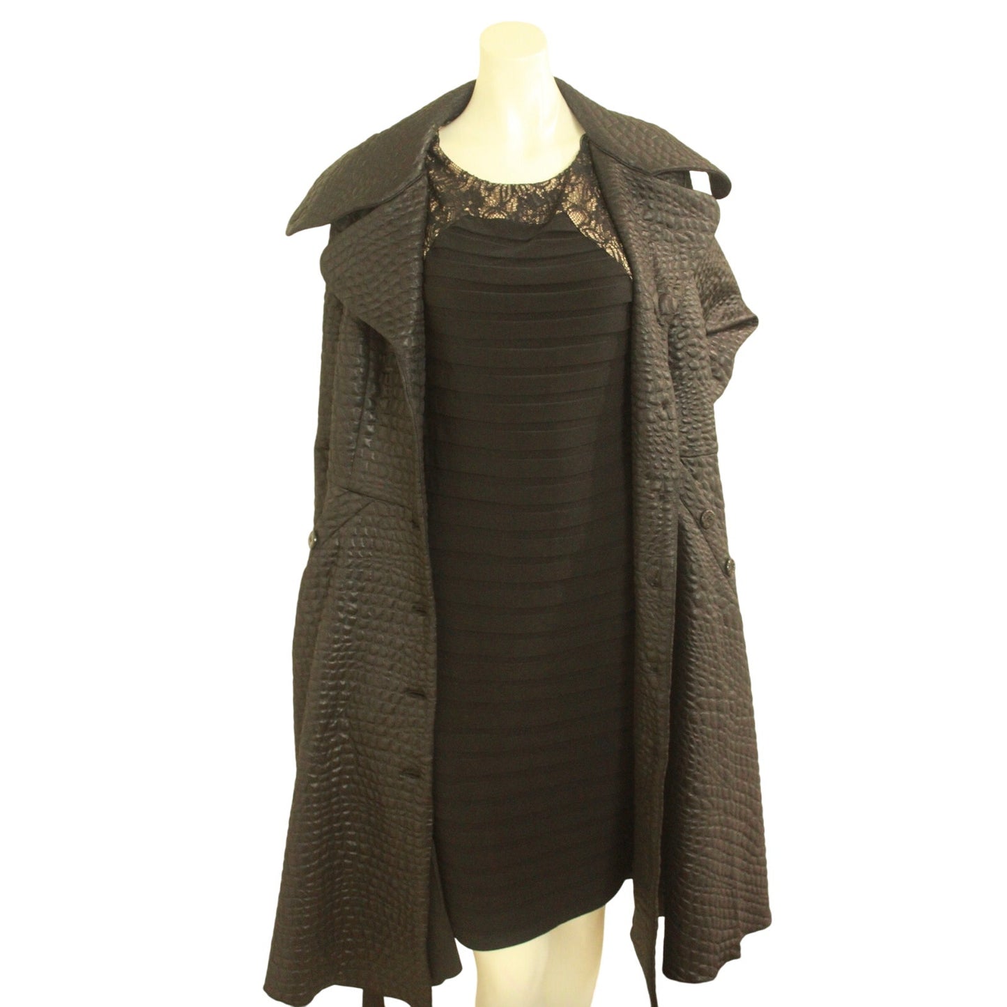 Samuel Dong Black Knit Alligator Pattern Jacquard A-line Coat - Size L - Boutique