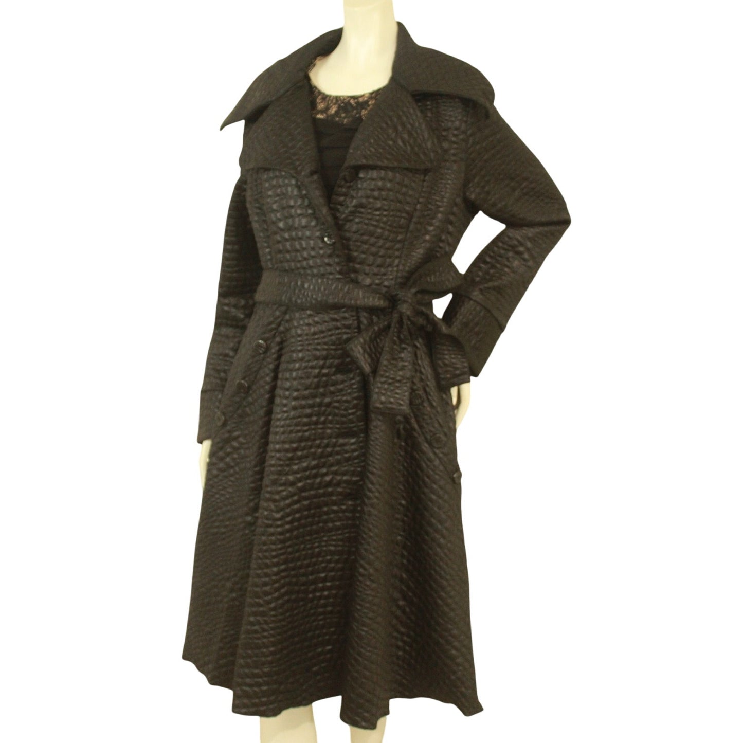 Samuel Dong Black Knit Alligator Pattern Jacquard A-line Coat - Size L - Boutique