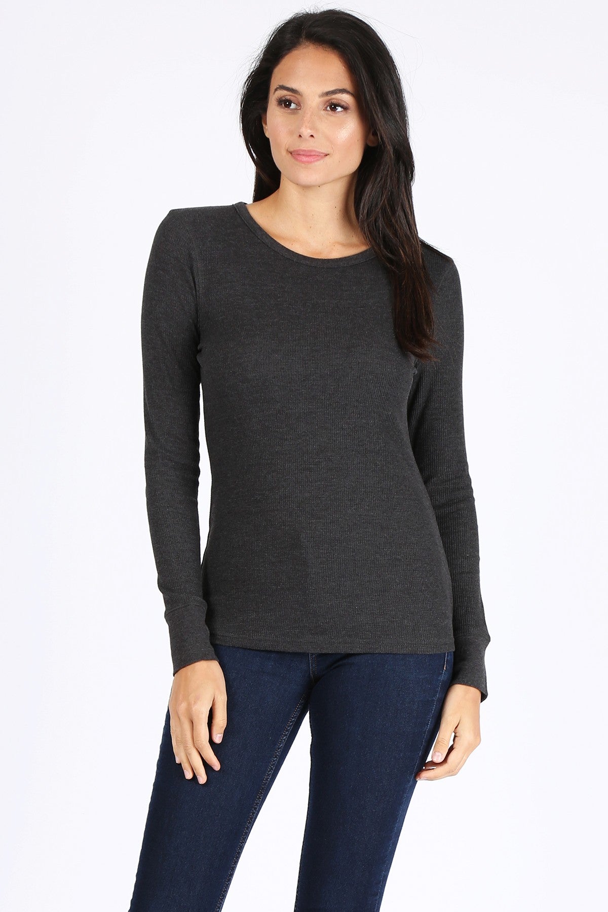 Curvy Plus Essential Solid Round Neck Long Sleeve Waffle Knit Thermal Top
