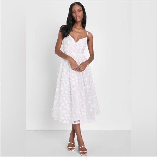 LuLu’s White Whimsical 3D Floral Bustier Midi Dress - Size M (NWT)