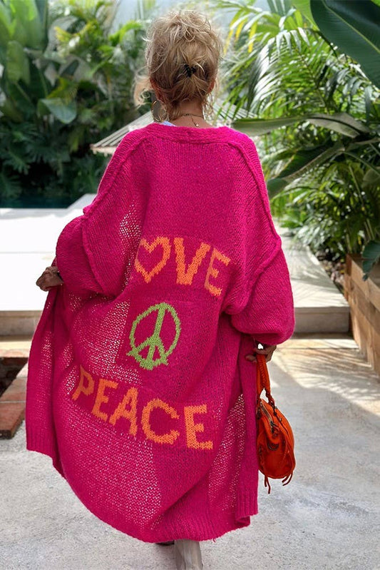 Love & Peace Exposed Seam Knit Sweater Long Cardigan: Fuchsia / M