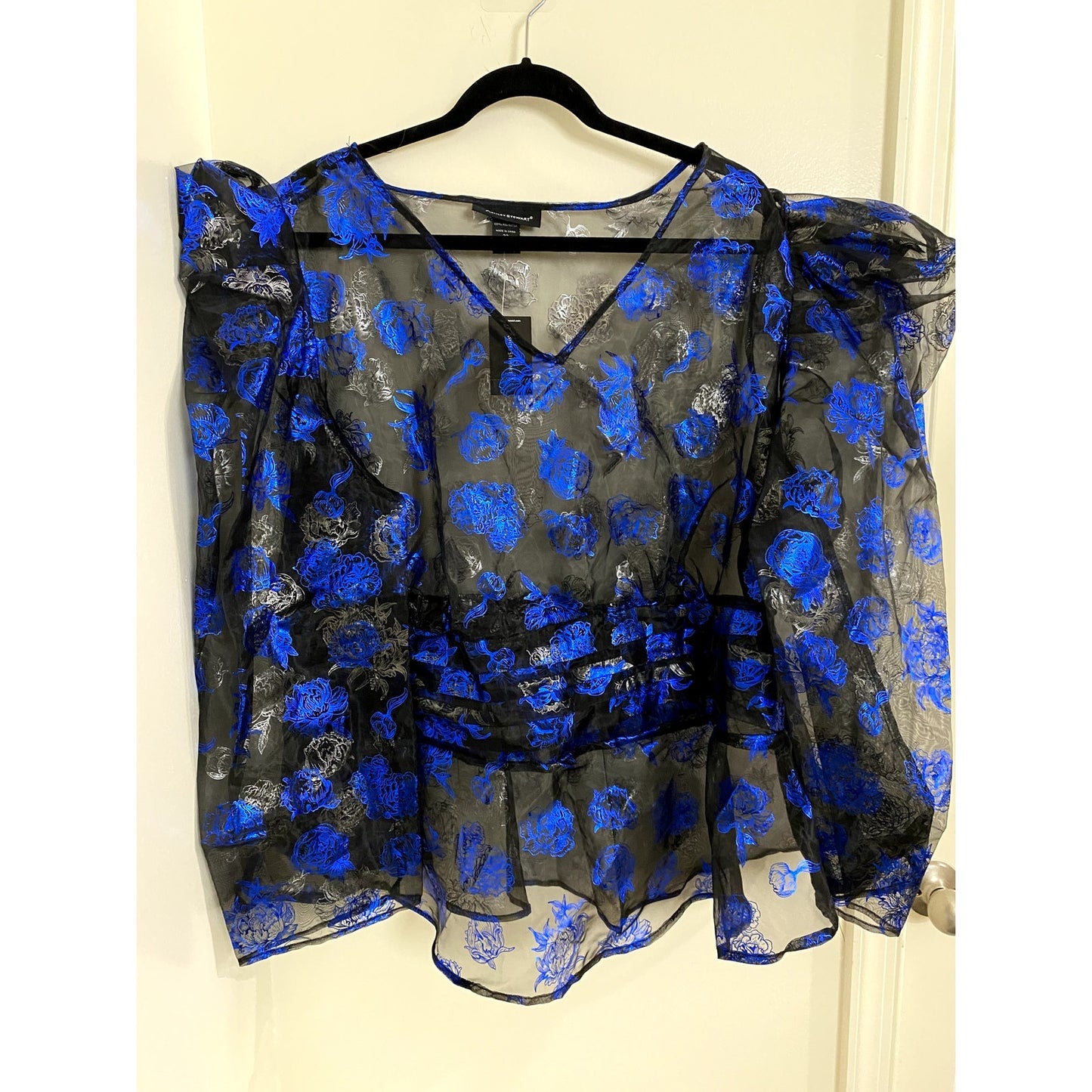 Ashley Stewart Black/Blue Foil Organza Floral Sheer Top - Size 22  (NWT)