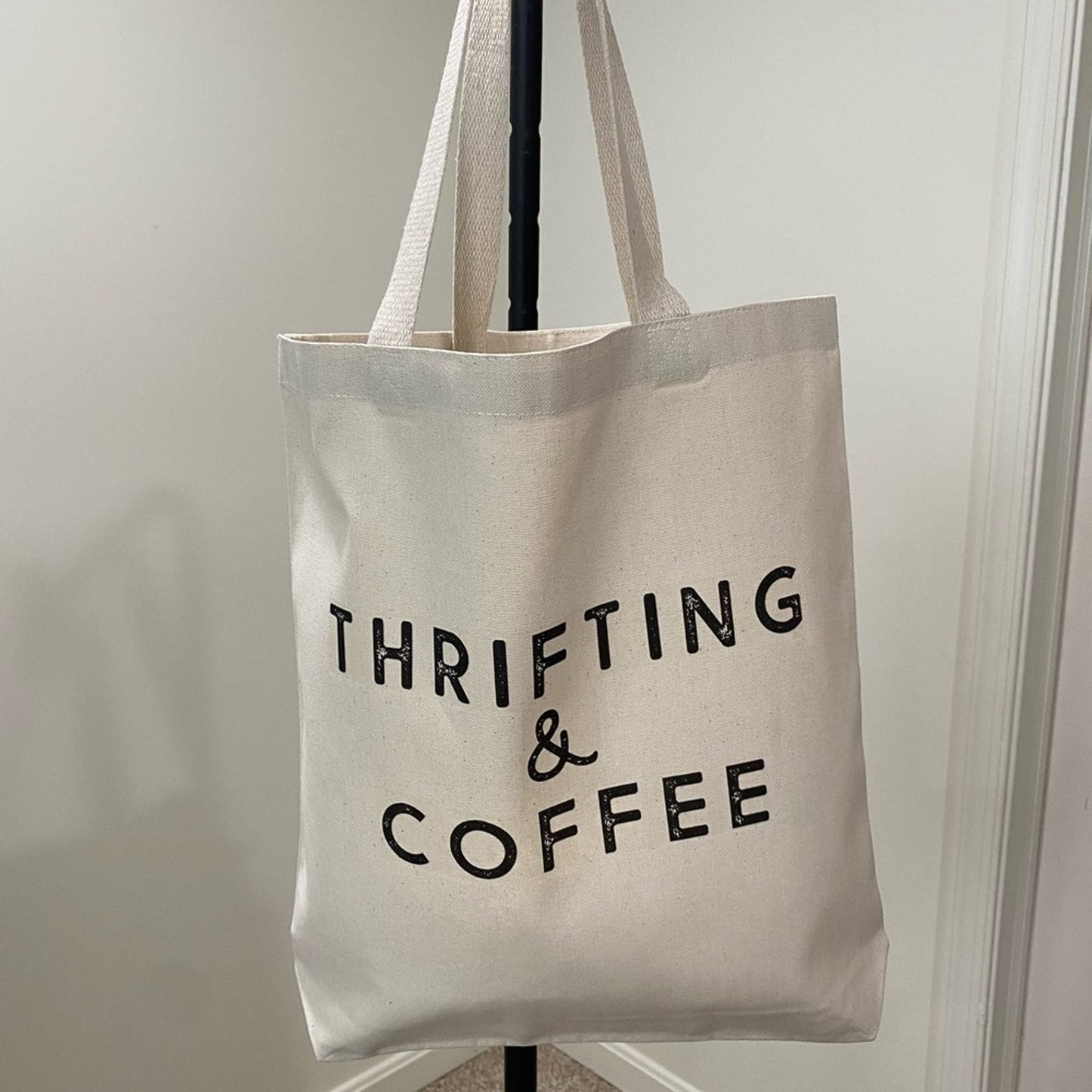 Canvas Tote Bag with Thrifting & Coffee Print -Boutique
