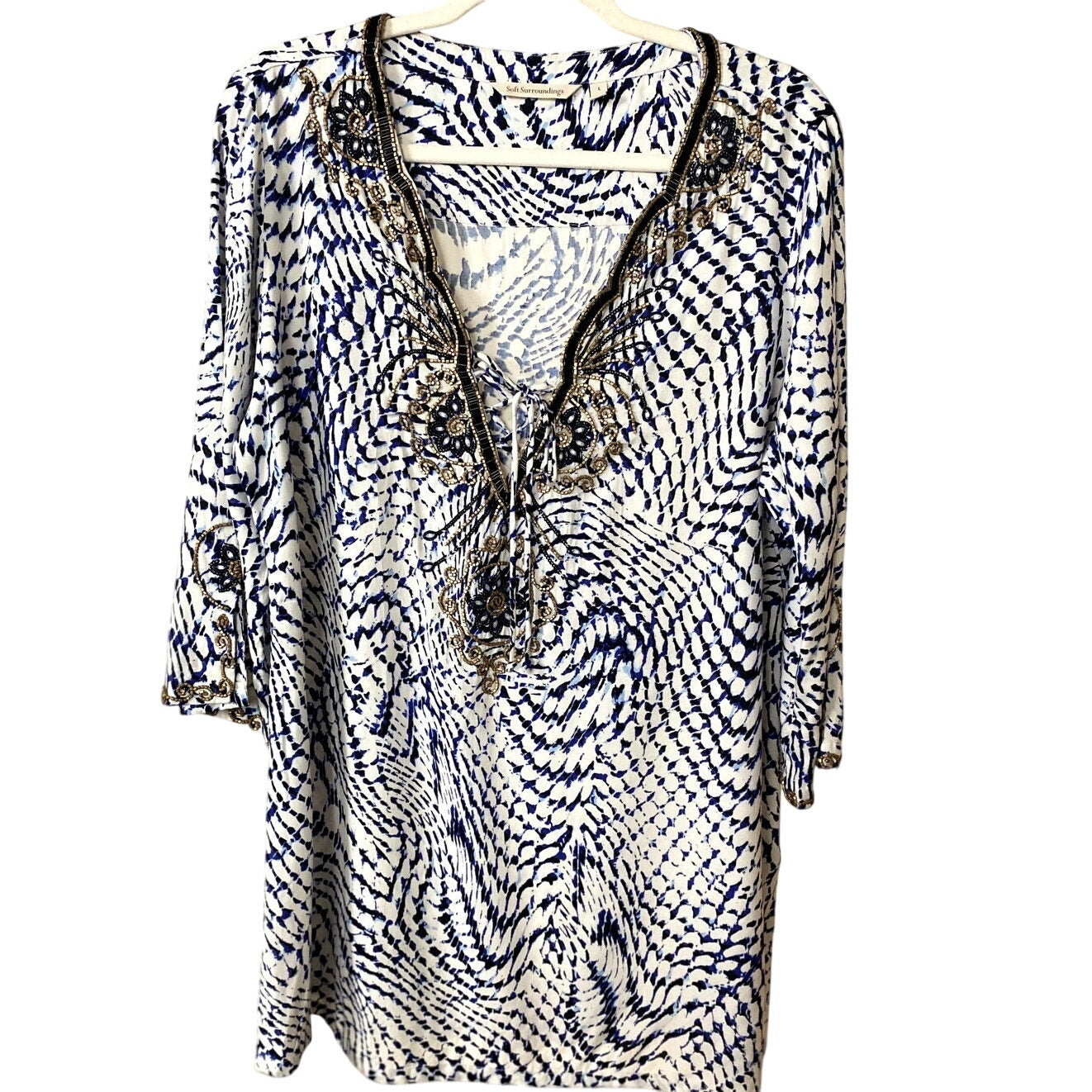 Soft Surroundings South Beach Blue/White Sequin Tunic - Size L (EUC)