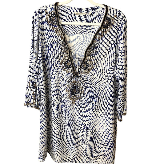 Soft Surroundings South Beach Blue/White Sequin Tunic - Size L (EUC)