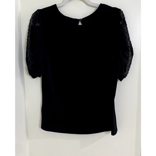 Adrianna Papell Black Sheer Swiss Dots Sort Sleeve Top - Sz. M (NWT)