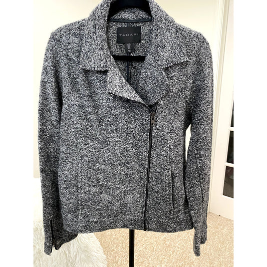 Tahari Gray Wool Blend Asymmetrical Zip Moto Jacket - Size Medium (NWT)