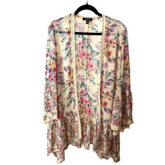 Torrid Tan Ruffle Chiffon Floral Kimono - Size 3(X) (EUC)
