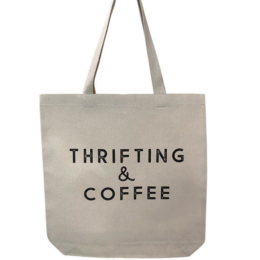 Canvas Tote Bag with Thrifting & Coffee Print -Boutique