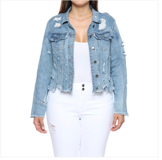 Curvy Plus Size Distressed Denim Jacket