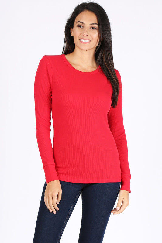 Curvy Plus Essential Solid Round Neck Long Sleeve Waffle Knit Thermal Top