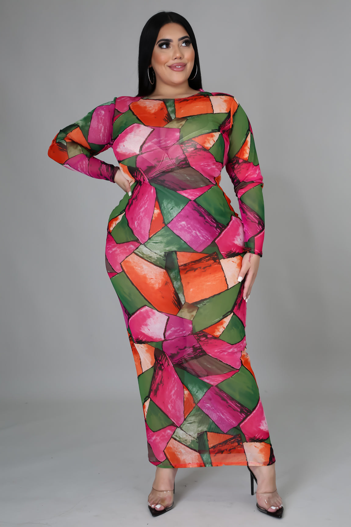 Curvy Plus Multi Print Maxi Sheer Dress